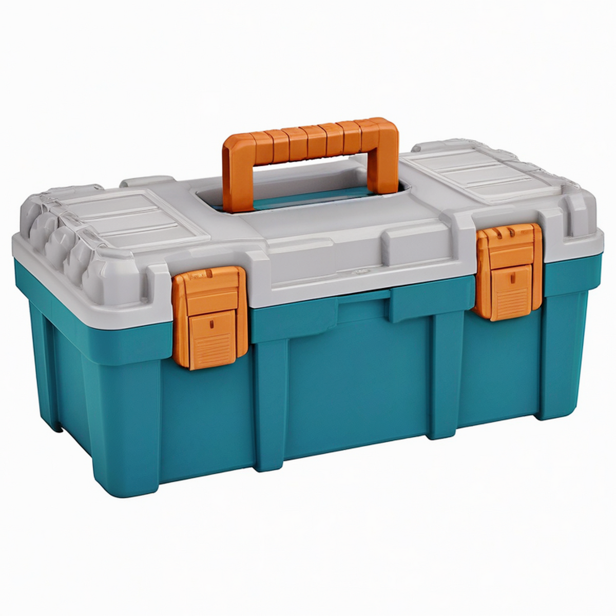 Boîte à outils 50 x 25 x 25 cm en plastique bleu pétrole et gris avec poignée et organiseurs
