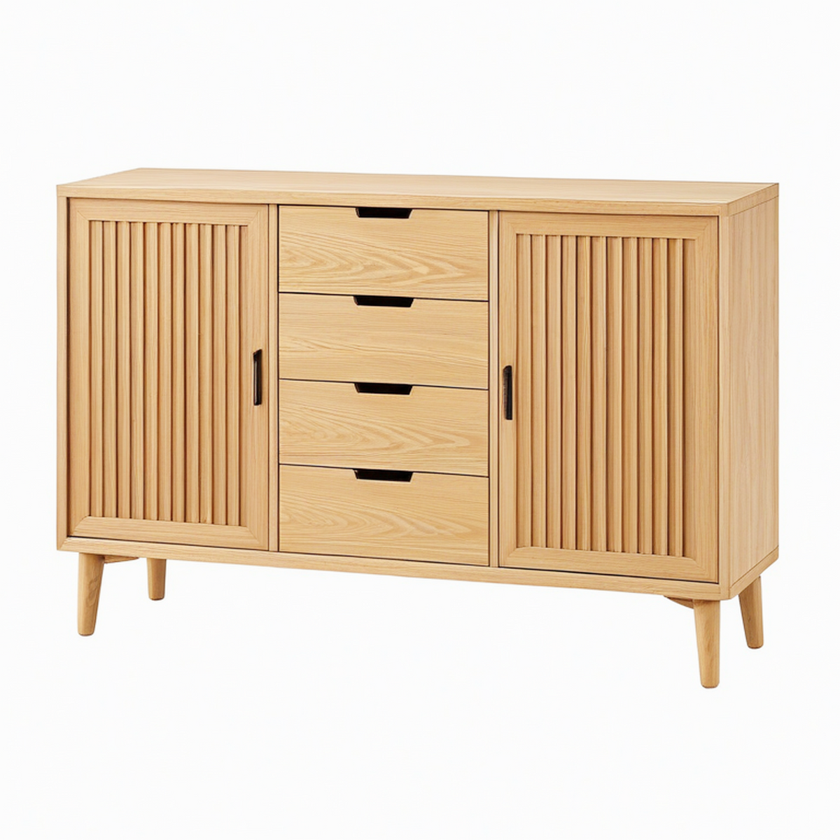 Buffet 160 x 40 x 90 cm en bois aspect chêne avec 4 tiroirs et 2 portes coulissantes style scandinave