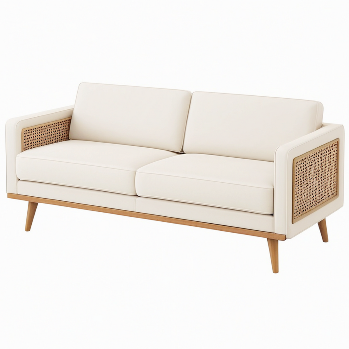 Canapé 2 places 160 cm beige en tissu avec cannage style rétro