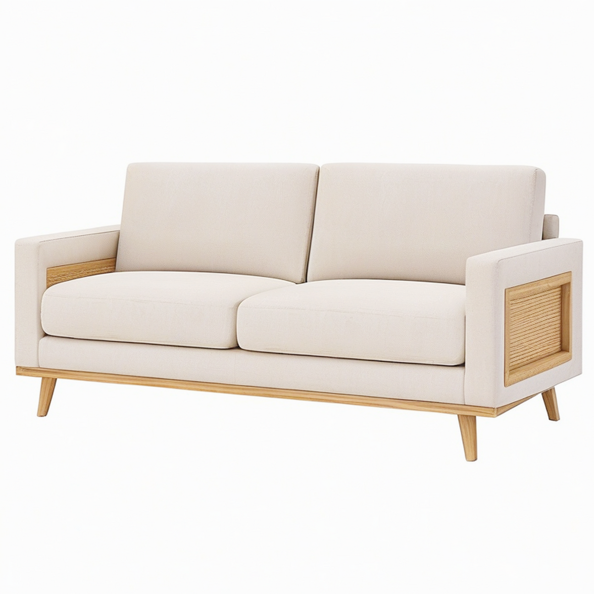 Canapé 2 places 160 cm en tissu beige avec bois et cannage style scandinave