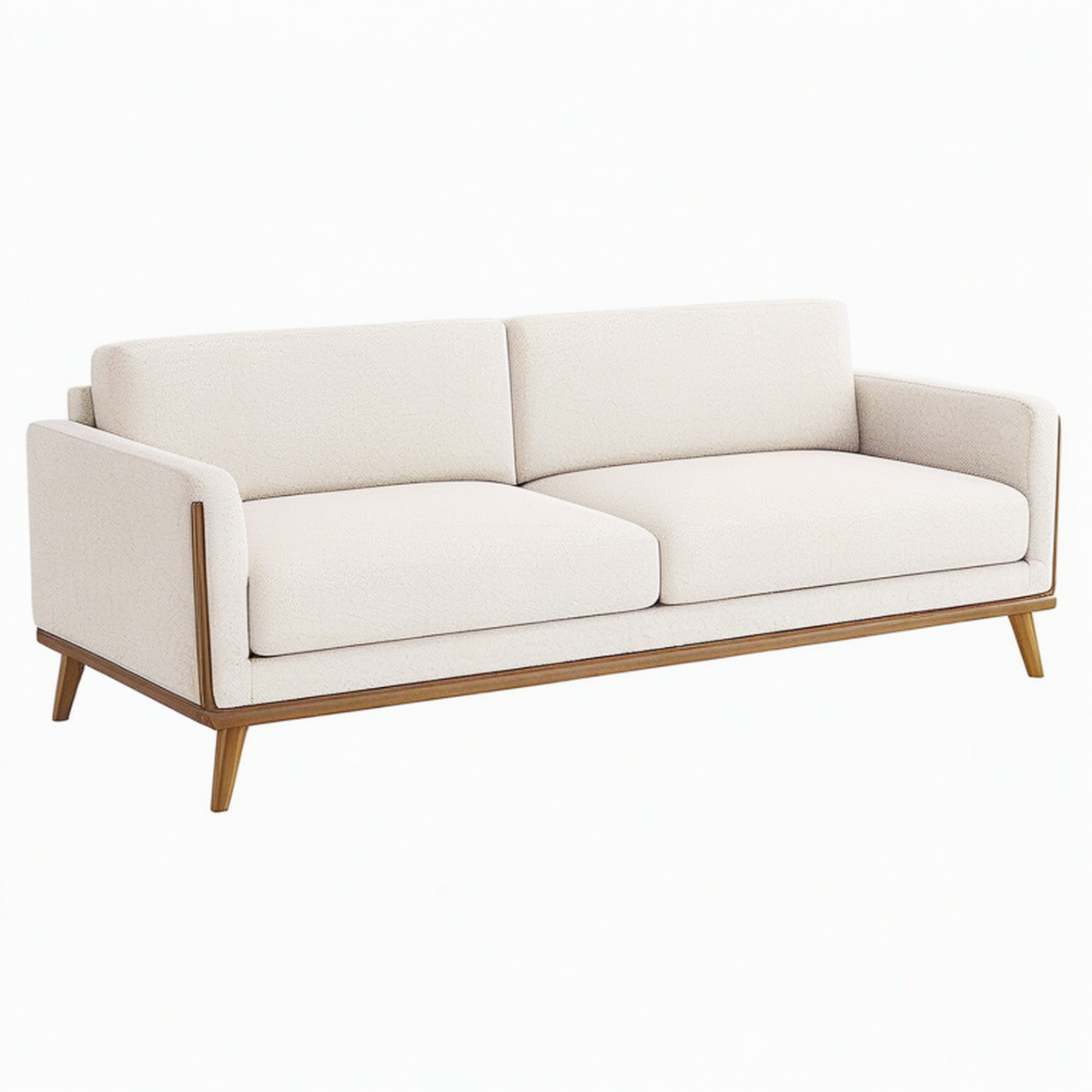 Canapé 2 places 180 cm en tissu bouclette beige avec piètement bois style moderne