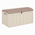 Coffre de rangement extérieur 120 cm en plastique beige et taupe avec couvercle verrouillable