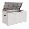 Coffre de rangement extérieur 120 x 55 x 63 cm en résine tressée gris clair avec couvercle assisté